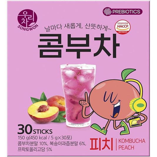 SONGWON Peach Kombucha Powder Sticks - Low Calorie, Naturally Sweetened, Refreshing & Effervescent Drink Mix - Ideal for Fitness, Outdoor Activities & Iced Tea - 30 Sticks (1.76 oz / 50g)
