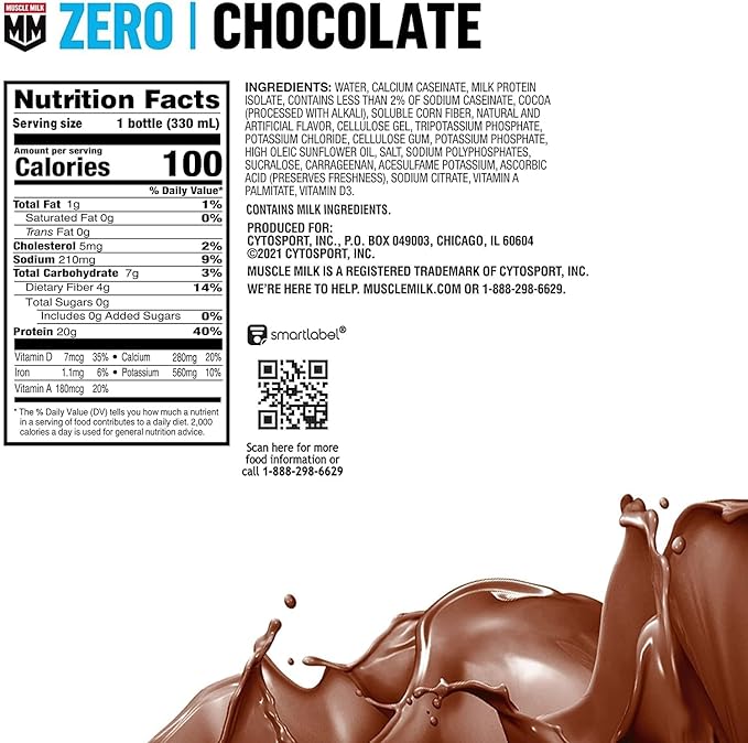 Muscle Milk Zero Protein Shake, Chocolate,20g Protein, Zero Sugar, 100 Calories, Calcium, Vitamins A, C & D, 4g Fiber, Energizing Snack, Workout Recovery, Packaging May Vary,11.16 Fl Oz (Pack of 12)