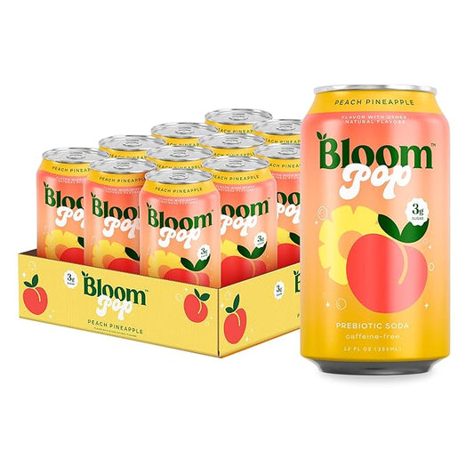 Bloom Pop Prebiotic Soda 12 Pack, Peach Pineapple, 12oz Cans | Prebiotic Soda for Gut Health, Low Calorie Soda, No Caffeine, Healthy Soft Drink Alternative