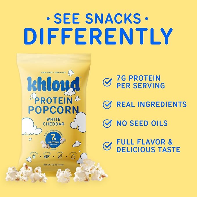 Khloud Protein Popcorn - White Cheddar - 7g Protein Snacks for Adults & Kids - Flavored Popcorn Made with Real Ingredients & Milk Protein Isolate - Non-GMO, Gluten-Free, Kosher - 4oz, 12pk