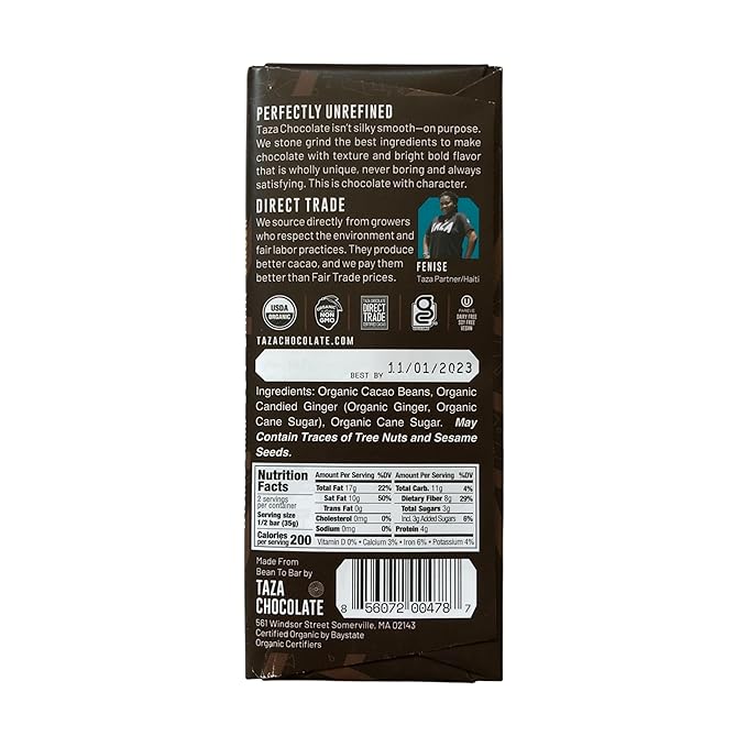 Taza Chocolate Organic Amaze Bar 95% Stone Ground, Wicked Dark with Ginger, 2.5 Ounce (10 count), Vegan