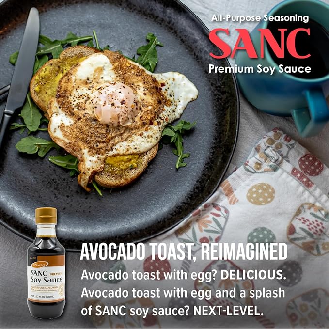 SANC All Purpose Premium Soy Sauce, 12.2 Fl Oz (Upgraded Version) – No high fructose corn syrup, Less-Sodium Salt Substitute, NON-GMO Bean, No Artificial Additives, Naturally Brewed Soy Sauce