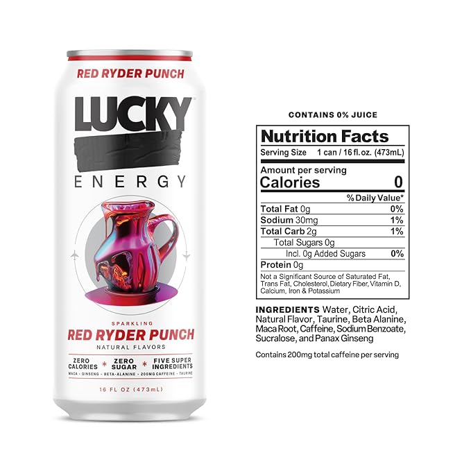 Lucky Energy Sugar Free Energy Drinks, Red Ryder Punch, 16oz Cans (12-Pack) Healthy, Zero Sugar Energy Drink with Maca, Ginseng, Beta-Alanine, Taurine & 200mg Caffeine