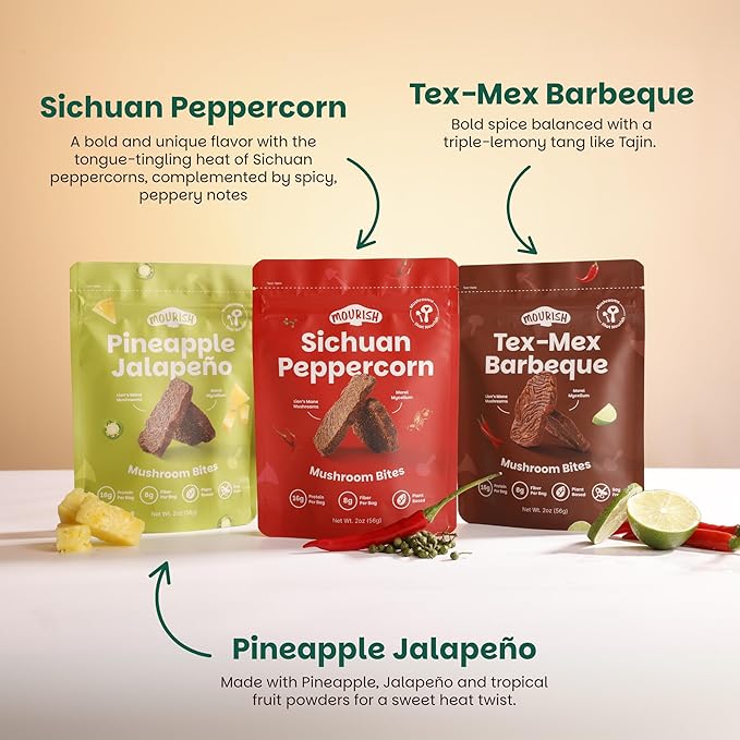 Mourish Vegan Mushroom Bites, Good Source of Protein and Fiber, Plant Based Meat, Spicy Flavor, Meatless Healthy Snacks for Hiking, Camping, Work, Travel & School (Zen Garden Zest Trio, Variety Pack)