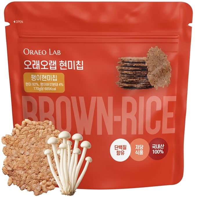 Korean Food Oraeo-Lab Korean Brown Rice Chips with Enoki Mushroom – Vegan Pressed Snack, Not Fried | Healthy Plant-Based Crisps, 170g (6 oz) Bag, 팽이버섯 현미칩