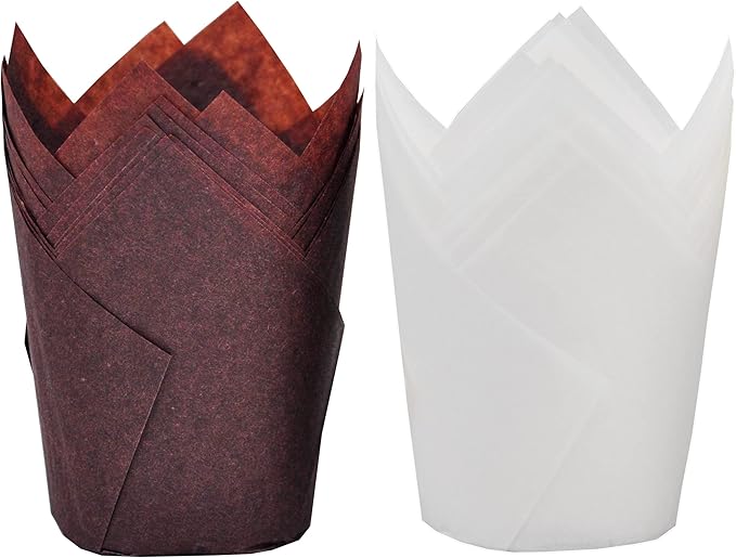 MyBakning Large size White+Brown Tulip Baking Cups 2-1/4"(Base diameter) x 4"(Wall height) Greaseproof paper baking cupcake Muffin liners, Case of 130 pcs