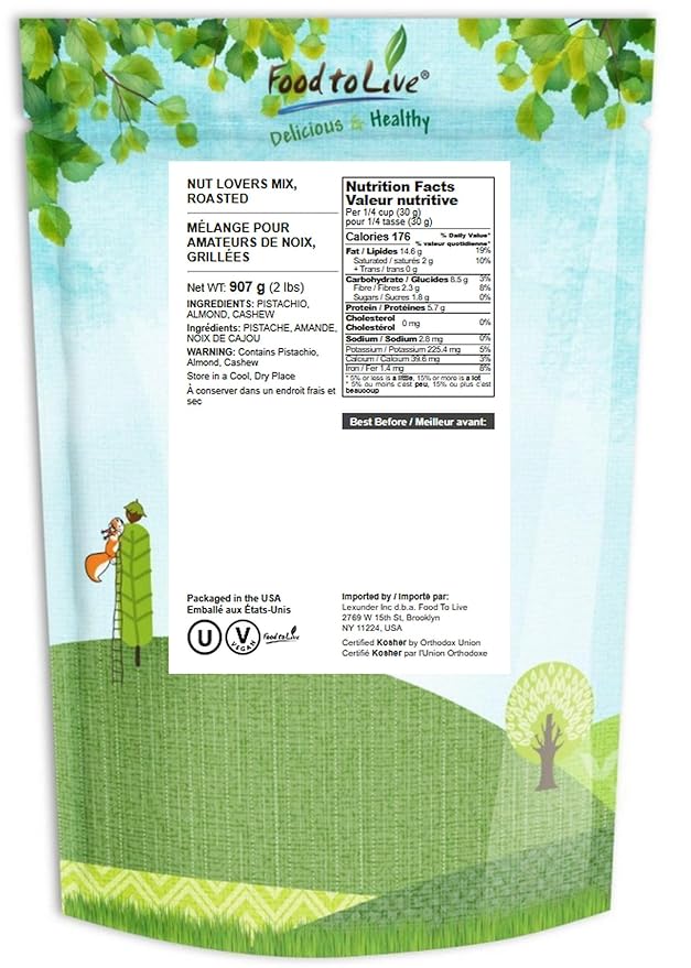 Food to Live Nut Lovers Mix, 2 Pounds – Premium Dry Roasted Pistachios No Shell, Almonds and Cashews Blend. No Salt Added. Trail Snacks for Adults and Kids. Vegan, Kosher, Bulk