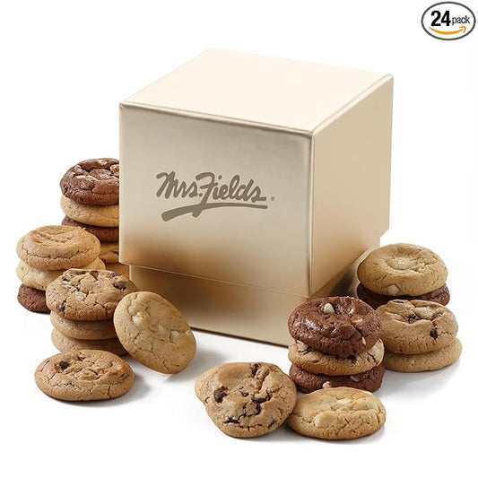Mrs. Fields Golden Mini Cookie Box - Assorted with 24 Nibblers Bite-Sized Cookies in 4 Signature Cookie Flavors
