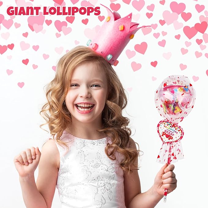 POPGIFTU Candy-Free Valentine’s Day Gifts for Kids – 28 Pack Giant Lollipop Stationery Valentines Kit with Cards, Pencils, Erasers, Rulers & Stickers –Classroom Valentine Cards for School Party Favors
