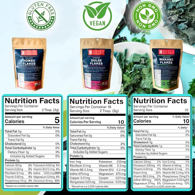 Ocean's Balance Organic Flakes Seaweed Combo Pack (4 Oz Pouch Dulse +4 oz of Wakame + Kombu) - Maine Coast Seaweed - Perfect for Keto, Paleo, Vegetarian and Vegan Diets - Atlantic Coast Sea Vegetables