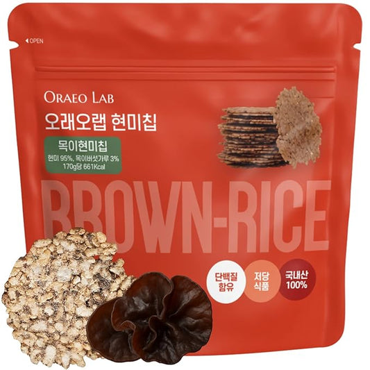Korean Food Oraeo-Lab Brown Rice Chips with Woodear Mushroom – Vegan Pressed Snack, Not Fried | Healthy Plant-Based Crisps, 170g (6 oz) Bag