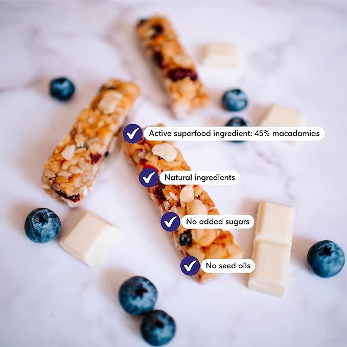 House of Macadamias, Macadamia Snack Bars, Blueberry White Chocolate, 12 x 1.41oz - Keto, Vegan, Paleo, Gluten-Free, Sugar-Free, Dairy-Free, Healthy Snack Option