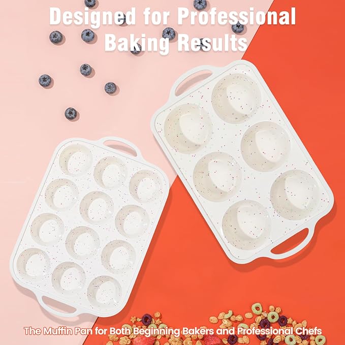 Fimary mary Silicone Muffin Pan with Metal Reinforced Frame - Mini Muffin Pan for Homemade Muffins, Cupcakes, and Bread, Oven and Dishwasher Safe - Set of 2, 6-Cup and 12-Cup