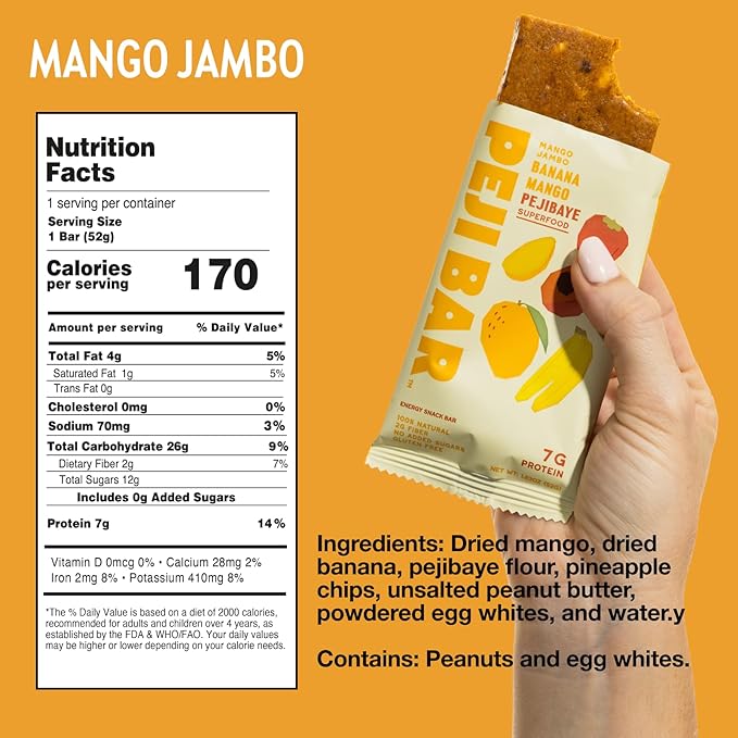 PEJI BAR Superfood Energy Bars |Mango Jambo Banana Mango Flavor | Gluten Free, 7g Protein, Fiber, Whole Ingredients, No Sugar Added | Adventure Ready Snack, 12 Count