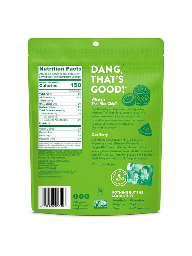 DANG Sticky Rice Chips | Coconut Crunch | 4 Pack | Vegan, Gluten Free, Non Gmo Rice Crisps, Healthy Snacks Made With Whole Foods | 3.5 Oz Bags