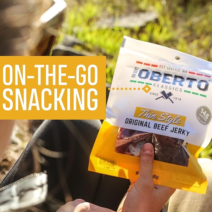Oberto Classics Thin Style Beef Jerky, Original Flavor, No Artificial Ingredients, High Protein, Gluten Free, Wood Smoked, Premium Steak Beef Jerky High Protein Snacks, 2.2 Ounce (Pack of 8)