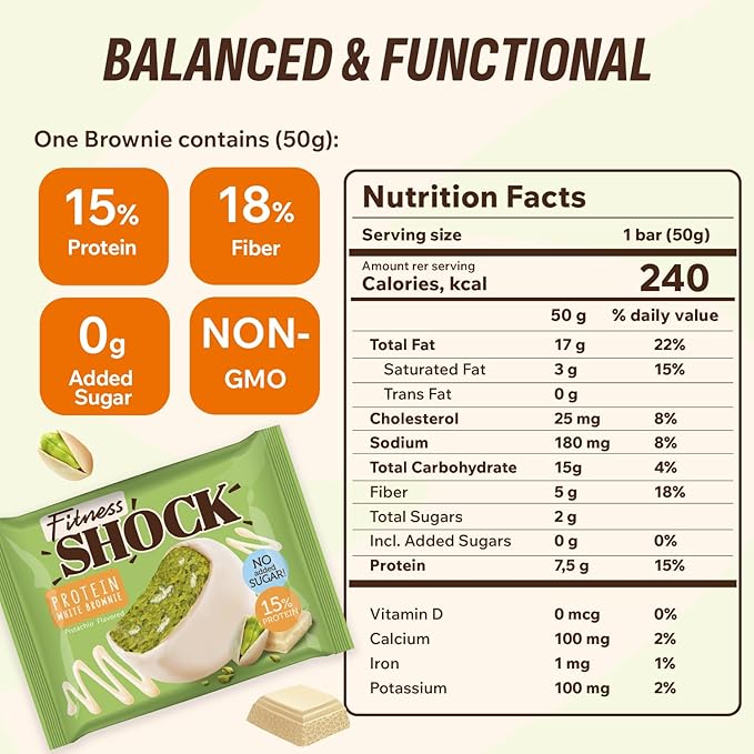 FitnesSHOCK Protein Brownie White Chocolate, No Added Sugar, 15%/7,5g Protein, 233kcal, Pre/Post Workout Snack - No Palm Oil, Filling dietary fibre, Soft Texture, 10x50g - Pistashio flavour
