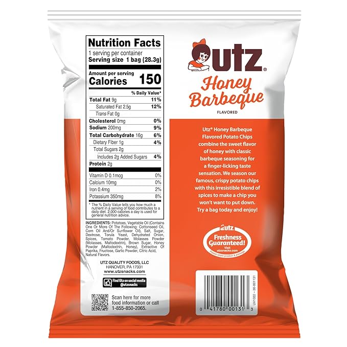 Utz Honey Barbeque 1 Oz. Bags, 42 Count Crispy Potato Chips Made From Fresh Potatoes, Crunchy Individual Go Snacks, brand is Utz, variation theme is Flavor that is Honey Barbecue, Size that is 2.63 Pound (Pack of 1).