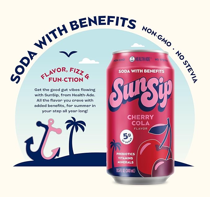 SunSip Prebiotic Soda by Health-Ade, Gut-Healthy Beverage, Soda Swap, Vitamins & Minerals, Naturally Sweetened with 5g of Sugar, Cherry Cola, 11.5 oz (12 Pack)