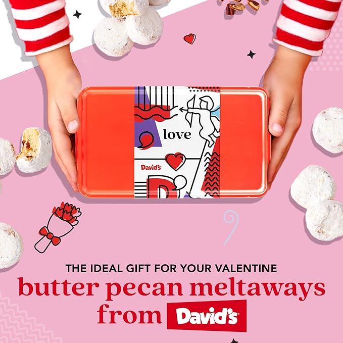 David's Cookies Butter Pecan Meltaways Sweet Sampler in Love Tin - 16oz Butter Cookies with Crunchy Pecans, Soft, And Melt In Your Mouth Flavorful Cookies - Delicious Gourmet Valentine's Food Gift