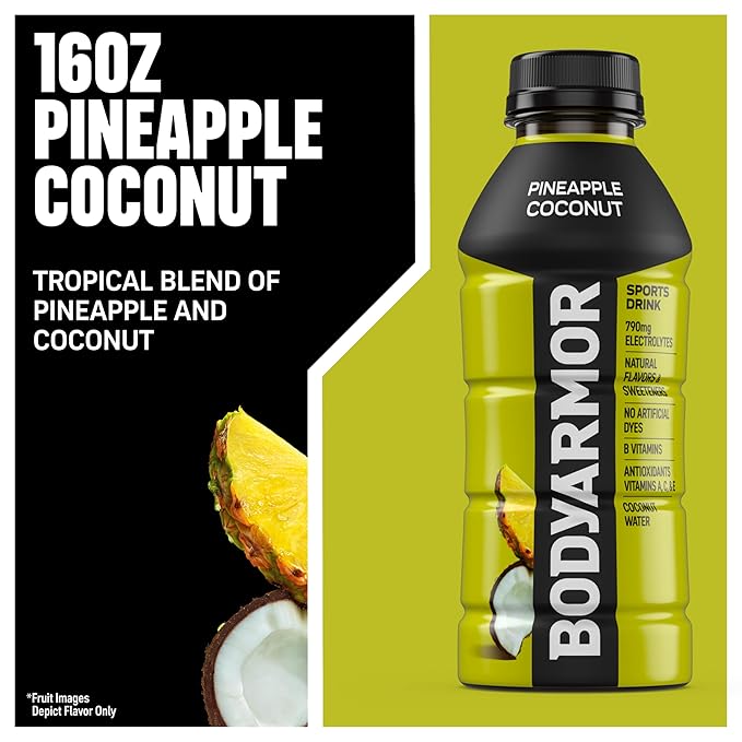 BODYARMOR Sports Drink, Pineapple Coconut, Electrolyte Drink Hydration, 16 Fl Oz Bottles (12 Pack), Flavored Coconut Water with B Vitamins & Antioxidants