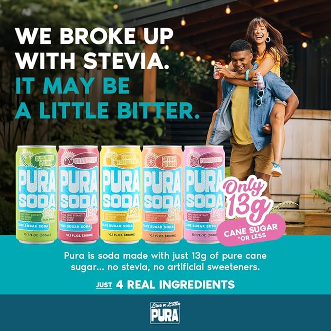 PuraSoda® Pomegranate | Low-Calorie, Cane Sugar Soda Beverage | Non-GMO, Vegan | Made with Pure Cane Sugar, Clean & Refreshing | 10.1 fl oz (300ml) Cans, Pack of 24