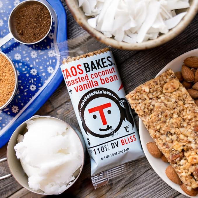 Taos Bakes - Toasted Coconut + Vanilla Bean - Snack Bars - 6g Fiber & Gluten-Free Granola Bars - Healthy Snack for Adults - Filled with Almonds, Coconut Chips, & Chia Seeds - 12 Pack, 1.8oz ea
