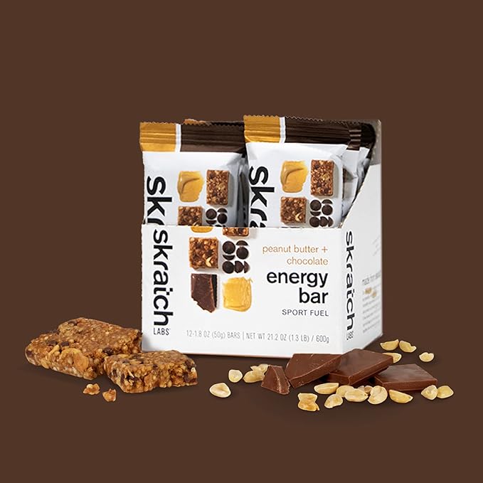 Skratch Labs Energy Bar | Peanut Butter + Chocolate (12 Pack) | Plant Based Healthy Snack | Low Sugar - 5g Protein | Non-GMO, Gluten Free, Soy Free, Vegan, Kosher
