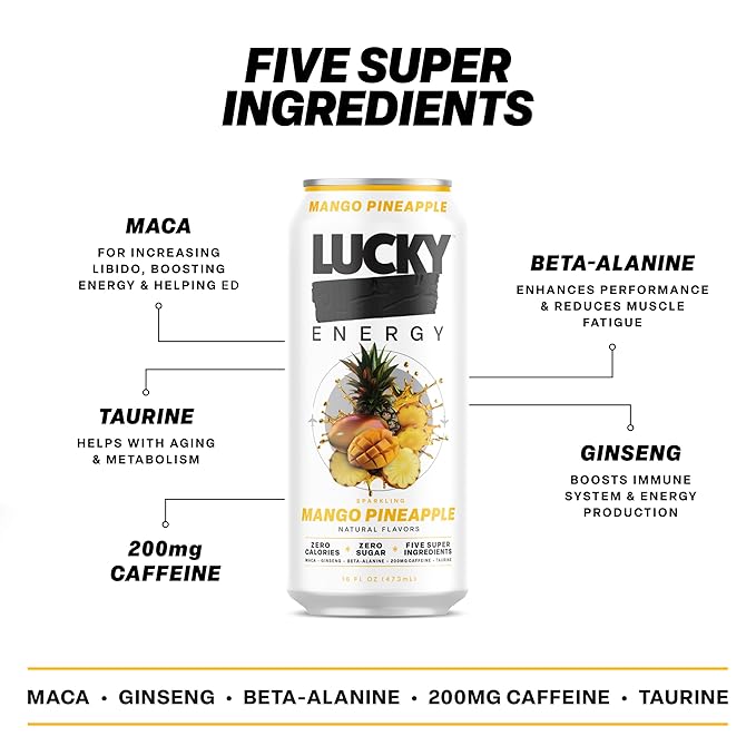 Lucky Energy Sugar Free Energy Drinks, Mango Pineapple, 16oz Cans (12-Pack) Healthy, Zero Sugar Energy Drink with Maca, Ginseng, Beta-Alanine, Taurine & 200mg Caffeine