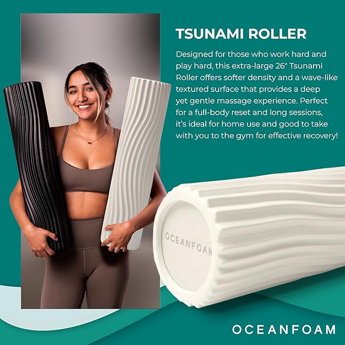 Oceanfoam Tsunami Roller (Natural) - Extra-Large, 26" x 5.9" - Soft, Textured Foam Roller for Physical Therapy, Back Pain, Exercise & Stretching - Wave Textured - Yoga, Athletics, & Wellness