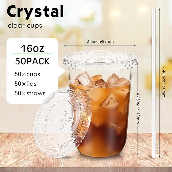 Ziliny 50 Sets Clear Plastic Cups with Lids and Straws, Disposable Iced Coffee Cups Drinking PET for Cold Drinks, Juice, Smoothie, Coffee Shops, Party, Christmas(Clear,16 oz)