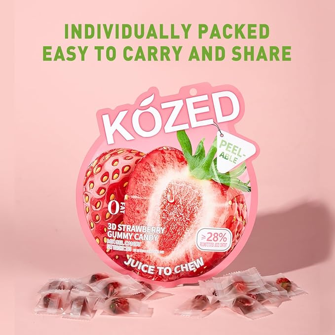 Happy Global Kozed Peelable Gummy Candy Strawberry Flavors 3 Pack, Fun Fruity Role Party Snack, Chewy Sweet Treat with Juicy Flavor,Halal-Certified Holiday Gifts