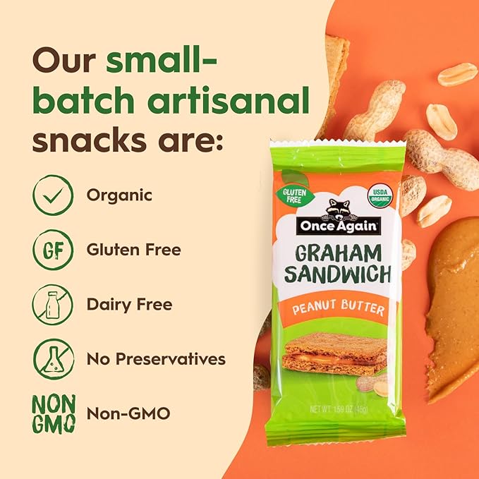 Once Again Peanut Butter Crackers Graham Sandwiches - Gluten Free Graham Crackers with Organic Peanut Butter Filling - Vegan, Organic Snacks for Kids - Lunch Snacks Individually Wrapped, 24 Count