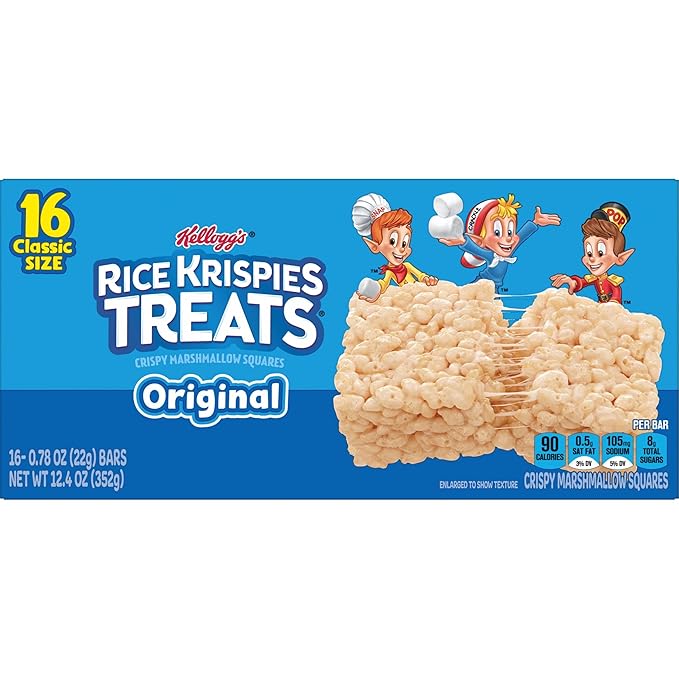 Rice Krispies Treats Crispy Marshmallow Squares, Kids Snacks, Snack Bars, Original, 12.4oz Box (16 Bars) (Pack of 2)