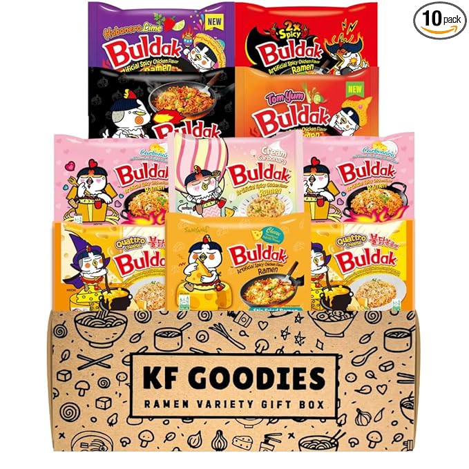 KF GOODIES Korean Ramen Variety Pack Gift Box (10 Count) – Spicy Buldak Noodle Assortment for Birthdays, College Care Packages, Office Snacks, and Gift Baskets
