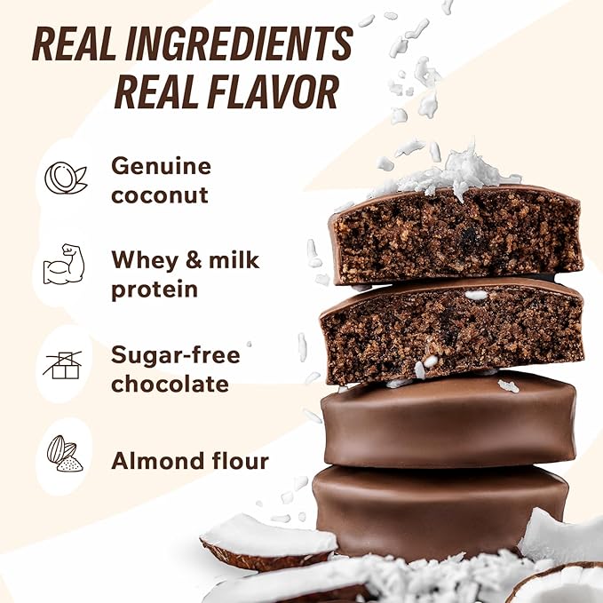 FitnesSHOCK Chocolate Brownie without Added Sugar, 15% Protein, satiating dietary fibre, Soft Texture, 10 Pieces, 50g - Coconut