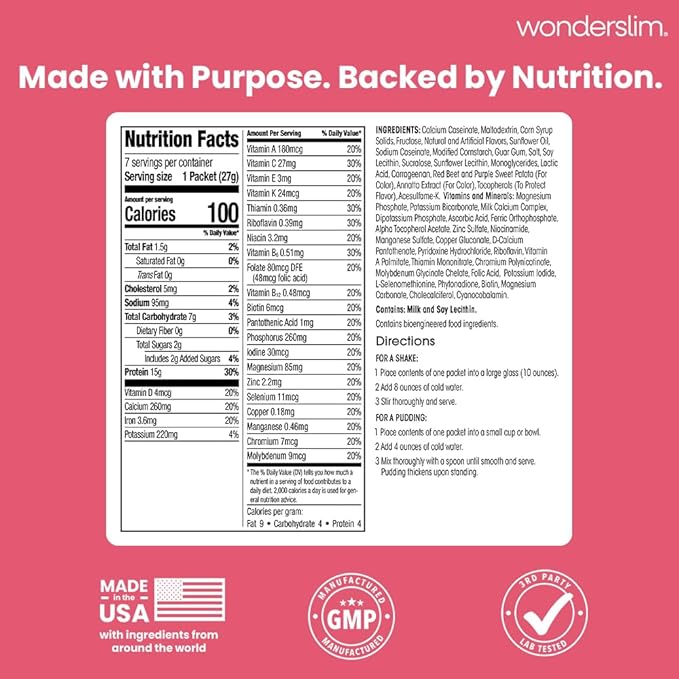 WonderSlim Meal Replacement Shake, Strawberry Cream, 15g Protein, 24 Vitamins & Minerals, Gluten Free (7ct)