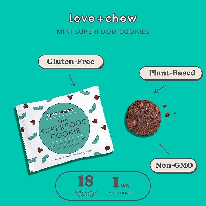 Love + Chew Superfood Soft Baked MINI Cookies, Mint Cacao Brownie Flavor, Plant Based Cookie Made With Almonds & Dark Chocolate for Kids and Adults, Vegan Snacks, Gluten Free, Paleo, Non GMO, 18 Pack