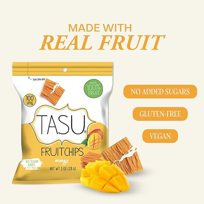 TASU Mango Dried Fruit Chips - 100% Natural, Crispy, Crunchy, and Allergen-Free Healthy Snacks for Kids & Adults, Vegan, Gluten-Free, No Added Sugar, No Oils Added, Perfect for Lunch Bags and On-the-Go Snacks | 12 Pack (1 Oz Each)