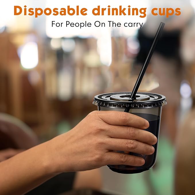 Ziliny 50 Sets Clear Plastic Cups with Lids and Straws, Disposable Iced Coffee Cups Drinking PET for Cold Drinks, Juice, Smoothie, Coffee Shops, Party, Christmas (Black,12 oz)