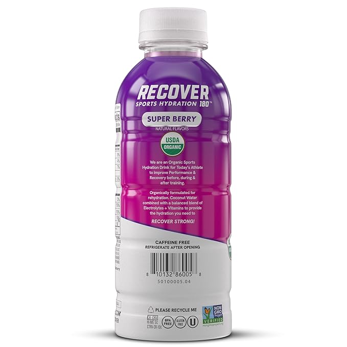 RECOVER 180 Organic Sports Hydration Drink, No Sugar Added, 20 Calorie Sports Beverage, Organic Flavors With Vitamins, Potassium-Packed Electrolytes (16.9 Fl Oz (Pack of 12), Super Berry)