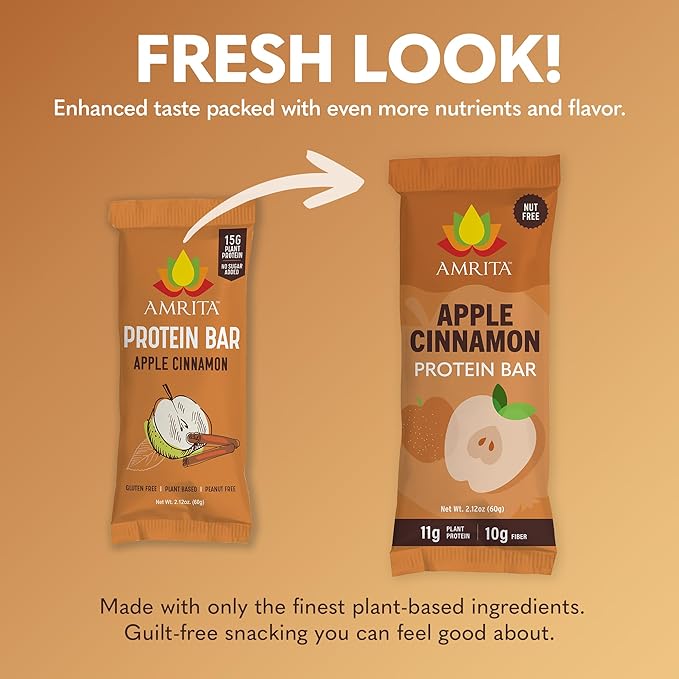 Amrita Apple Cinnamon High Protein Bars, 15g Plant Based Protein, Low-Sugar Meal Replacement Bars, Vegan, Gluten-Free, 12 Bars