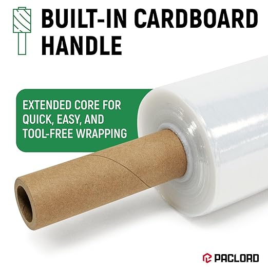 Paclord 5" x 1000' Industrial Strength Clear Stretch Wrap with Extended Core Handle, Ready to Use Pack of 1 Stretch Film Mini Roll, 80 Gauge Thick, 500% Elongation - Shrink Wrap for Moving, Packing