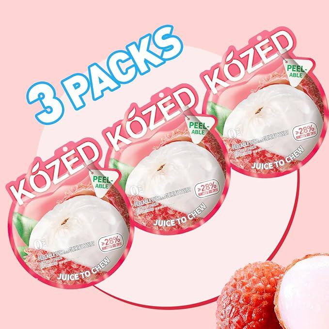 Happy Global Kozed Peelable Gummy Candy Lychee Flavors 3 Pack, Fun Fruity Role Party Snack, Chewy Sweet Treat with Juicy Flavor,Halal-Certified Holiday Gifts