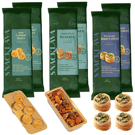 Snacklava Crunch & Melt Variety Pack (34 Pieces) - 2 Mini Cookie Rings (20 Pieces), 2 Mixed Nuts Kunafa (6 Pieces), 2 Pistachio Birds Nests (8 Pieces) - No Artificial Ingredients, Colors or Preservatives