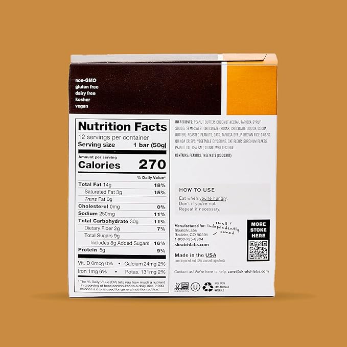 Skratch Labs Energy Bar | Peanut Butter + Chocolate (12 Pack) | Plant Based Healthy Snack | Low Sugar - 5g Protein | Non-GMO, Gluten Free, Soy Free, Vegan, Kosher