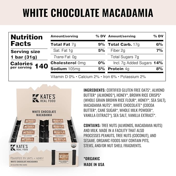 Kate’s Real Food Organic Granola Bars – White Chocolate Macadamia (1.1 oz, Pack of 24) - Organic Energy Bars with Non GMO All Soy Free Free Oats