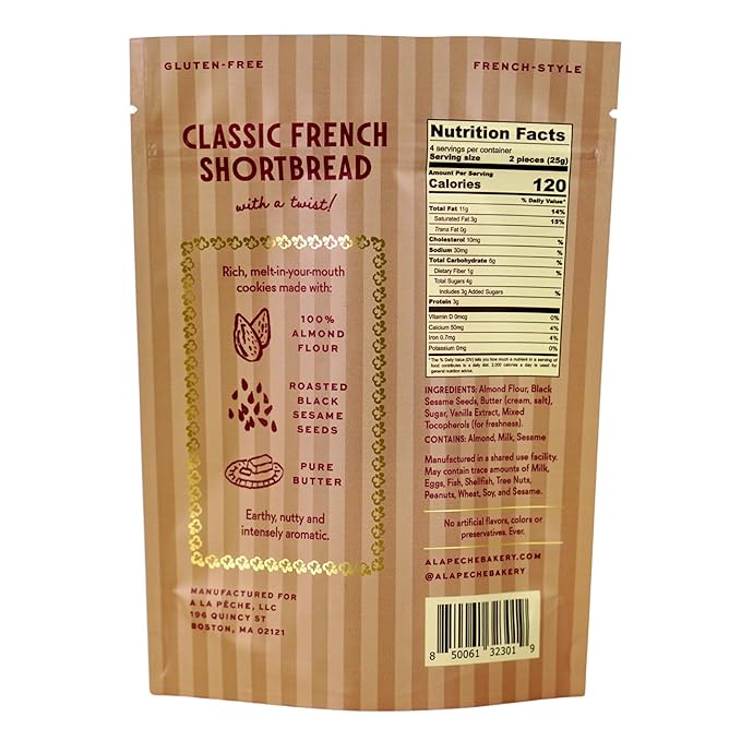 La Pêche Sable Butter Cookies Gluten Free, Grain Free, Non-GMO, Kosher - Small Batch - Resealable Pouch - 8 Cookies (3.5oz) (Black Sesame)