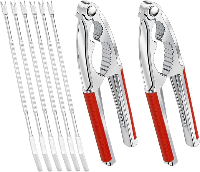 Anglekai Nut Crackers, 8Pcs Multi-Purpose Stainless Steel Seafood Pecan Cracker, Non-slip Handle Walnut Cracking Tools (Red)