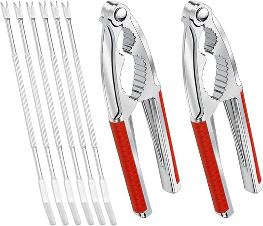 Anglekai Nut Crackers, 8Pcs Multi-Purpose Stainless Steel Seafood Pecan Cracker, Non-slip Handle Walnut Cracking Tools (Red)